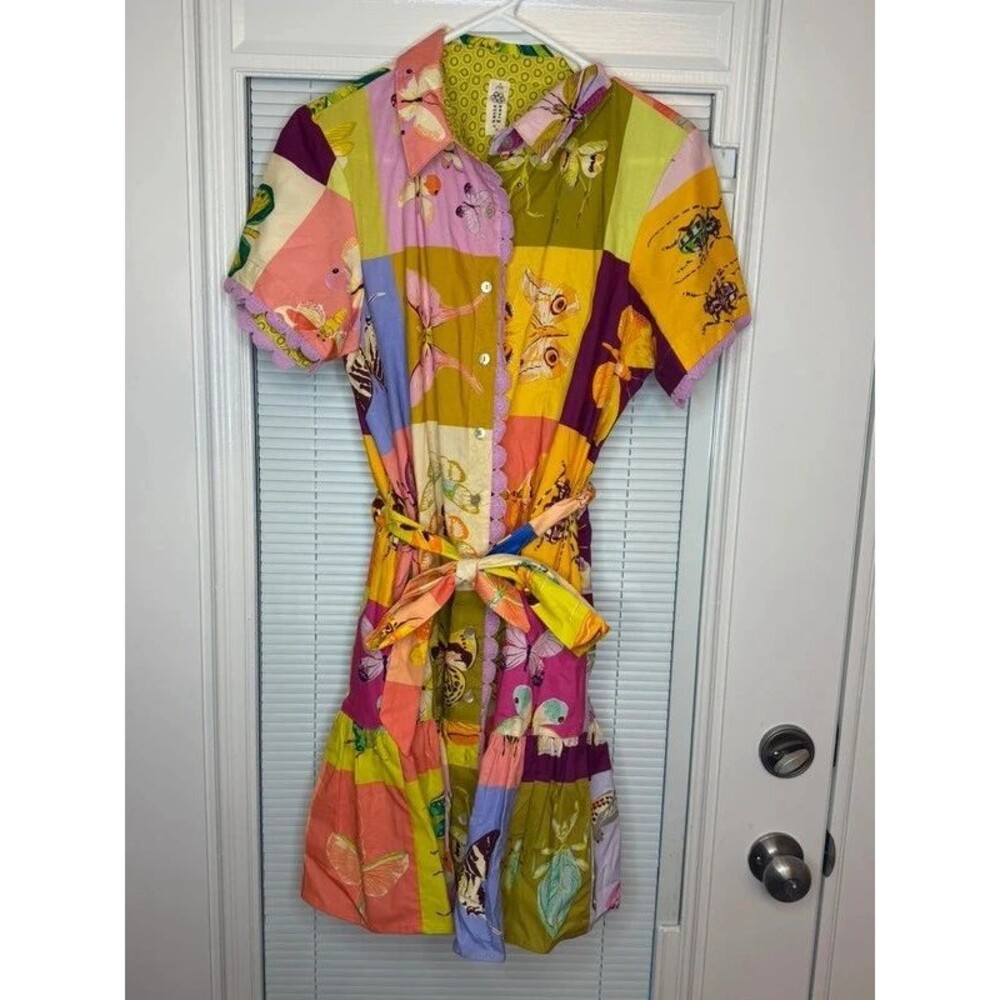 Uncle Frank Patchwork Butterfly Insect Print Belted Midi Shirt Dress Size S